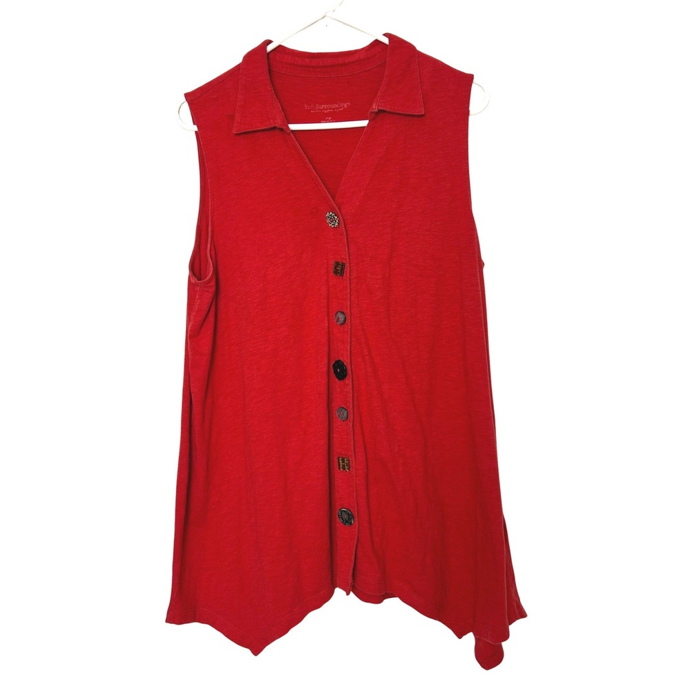 Soft Surroundings Top Women M Red‎ Sleeveless lagenlook artsy Boho Slub Cotton